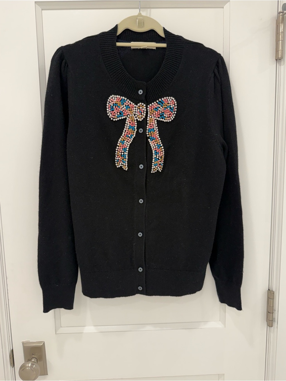 Boden Black Cardigan with Rhinestoned Multicolor Bow - Picture 4 of 7